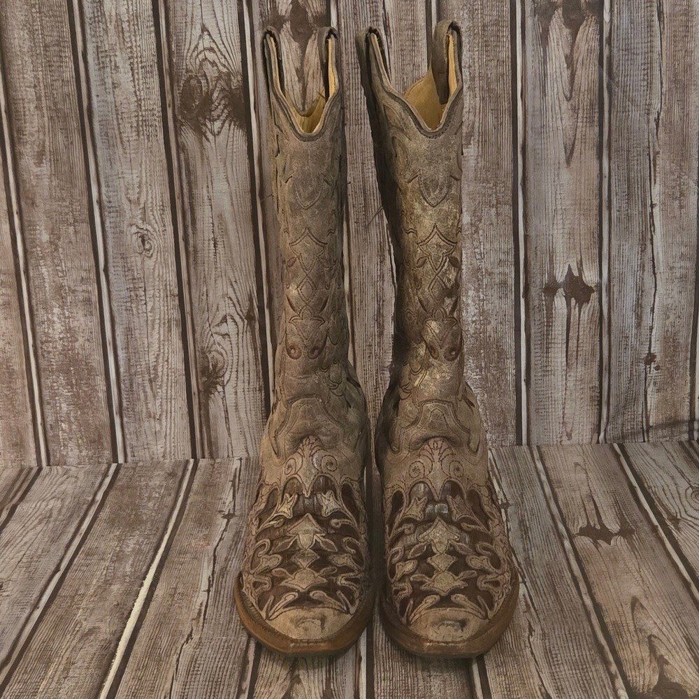 Sz 7 M Corral Vintage Brown Leather Floral Croc Inlay Snip Toe Western Boots